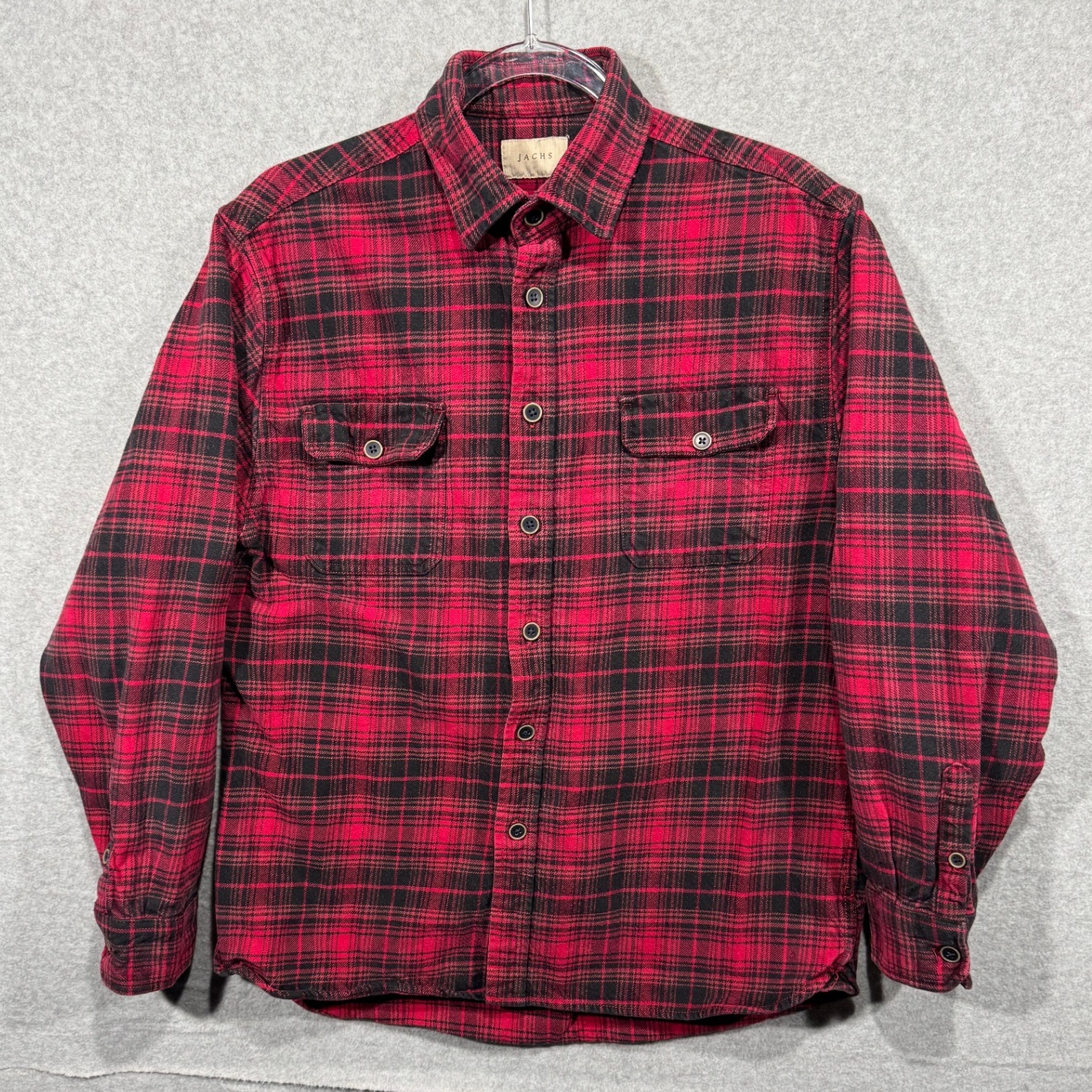 Jachs Flannel Shirt Red Black Plaid Button Up Long Sleeve Cotton Mens Large